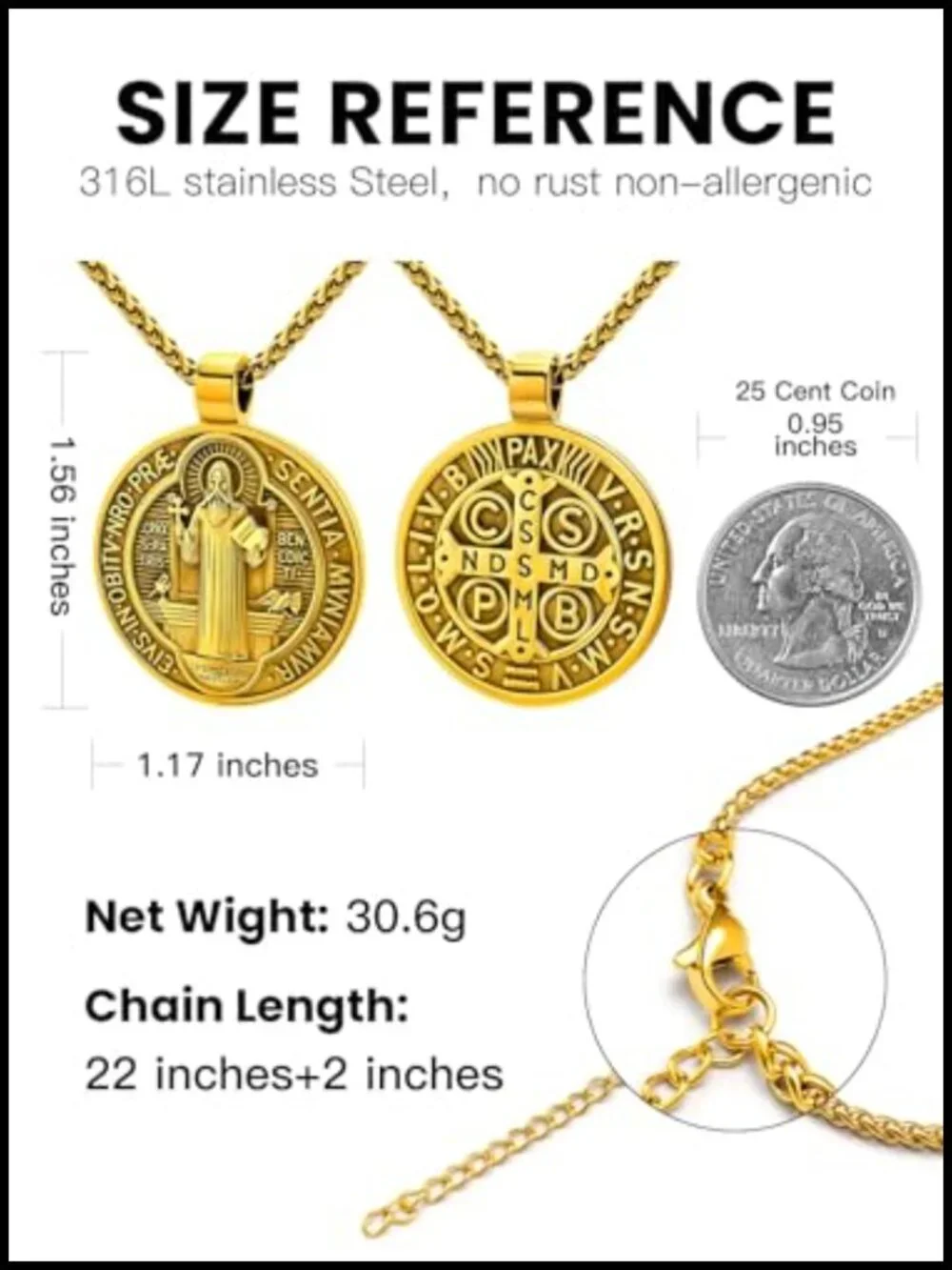 St. Benedict Medal Necklace, Stainless Steel Catholic Pendant for Men Women